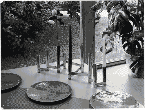 Image for XI Triennale - Parco Sempione - Proposte per l'edilizia - Piatti in rame smaltato - Candelabro-portafiori in argento - Gio Ponti