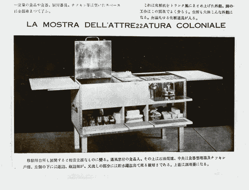 Image for VII Triennale - Mostra dell'attrezzatura coloniale - Mobile-cucina trasportabile da carovana di Salvo D'Angelo, riproduzione