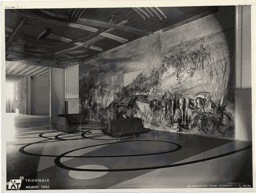 Image for X Triennale - Palazzo dell'Arte - Atrio e vestibolo del piano terreno - Pavimento a intarsio policromo disegno di Roberto Crippa - Soffitto disegno di Gianni Dova - Pittura murale "la trebbiatura" di Giuseppe Zigaina