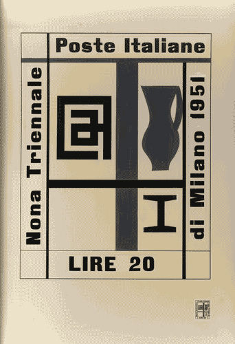 Image for Cartoncino con 2 bozzetti per francobollo celebrativo della IX Triennale. Bozzetto con disegno di putrella, anfora e logo di Marcello Nizzoli realizzato a pennarello nero, tempera grigia e bianca, riproduzione in scala più piccola di esso. Etichetta dattiloscritta con nome e indirizzo del grafico