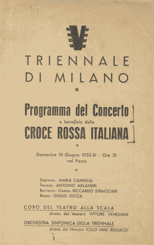 Image for Volantino, a quattro facciate, del "Concerto a beneficio della Croce Rossa Italiana", con logo di Mario Sironi e programma